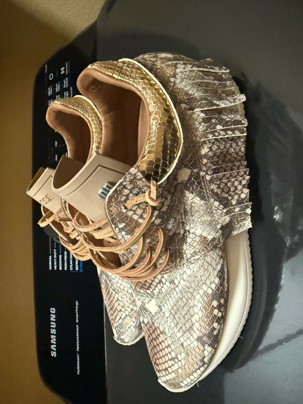 Woven Snake-Print Fringe Slip-On Sneakers with Gold Trim - Women's Beige